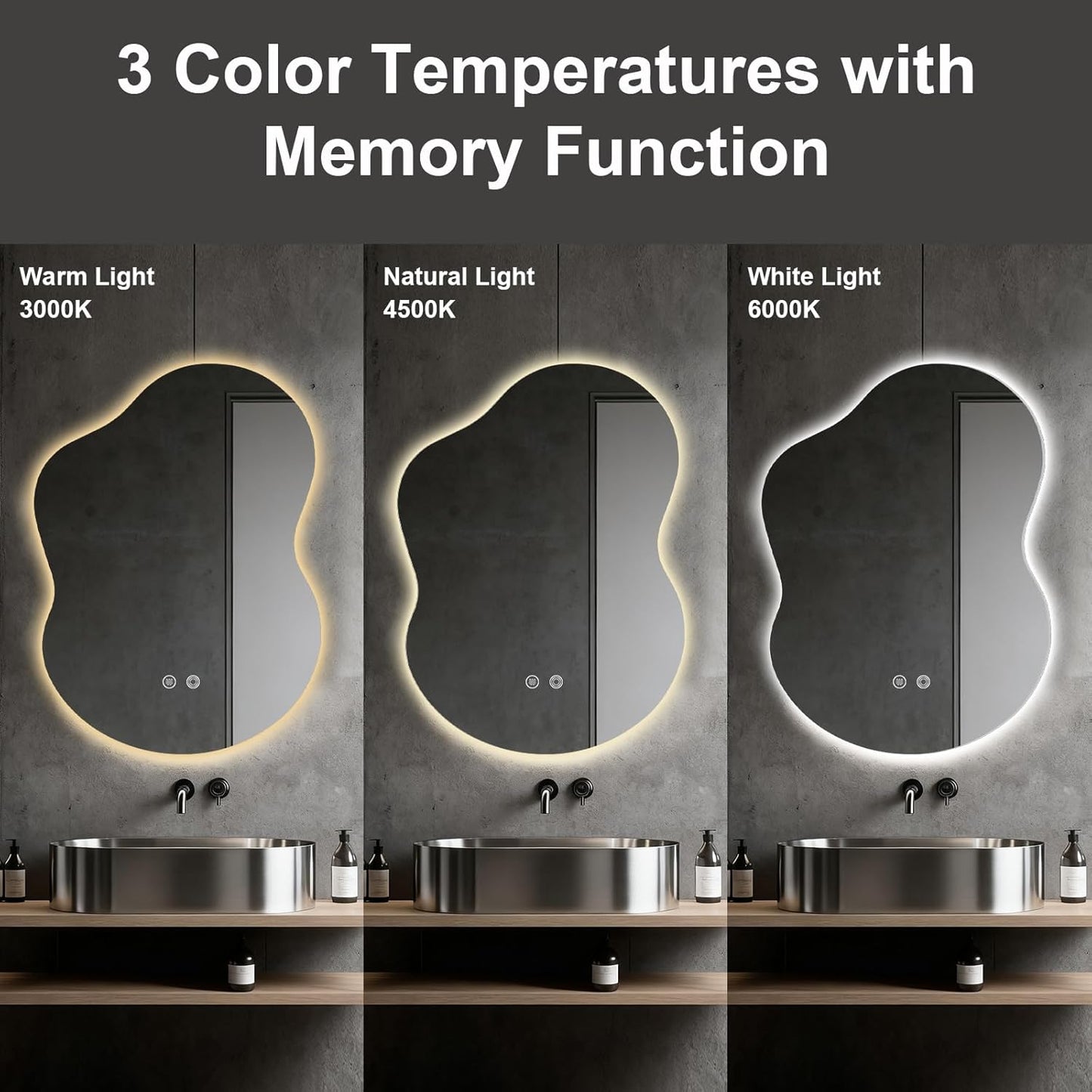 Asymmetrical Lighted Mirror for Bathroom,Modern LED Vanity Mirror with Backlit,Fog-Free,Tri-Color Dimmable Lighting with Memory Function,Hardwire Ready [Horizontal/Vertical] 30" H x 22" W