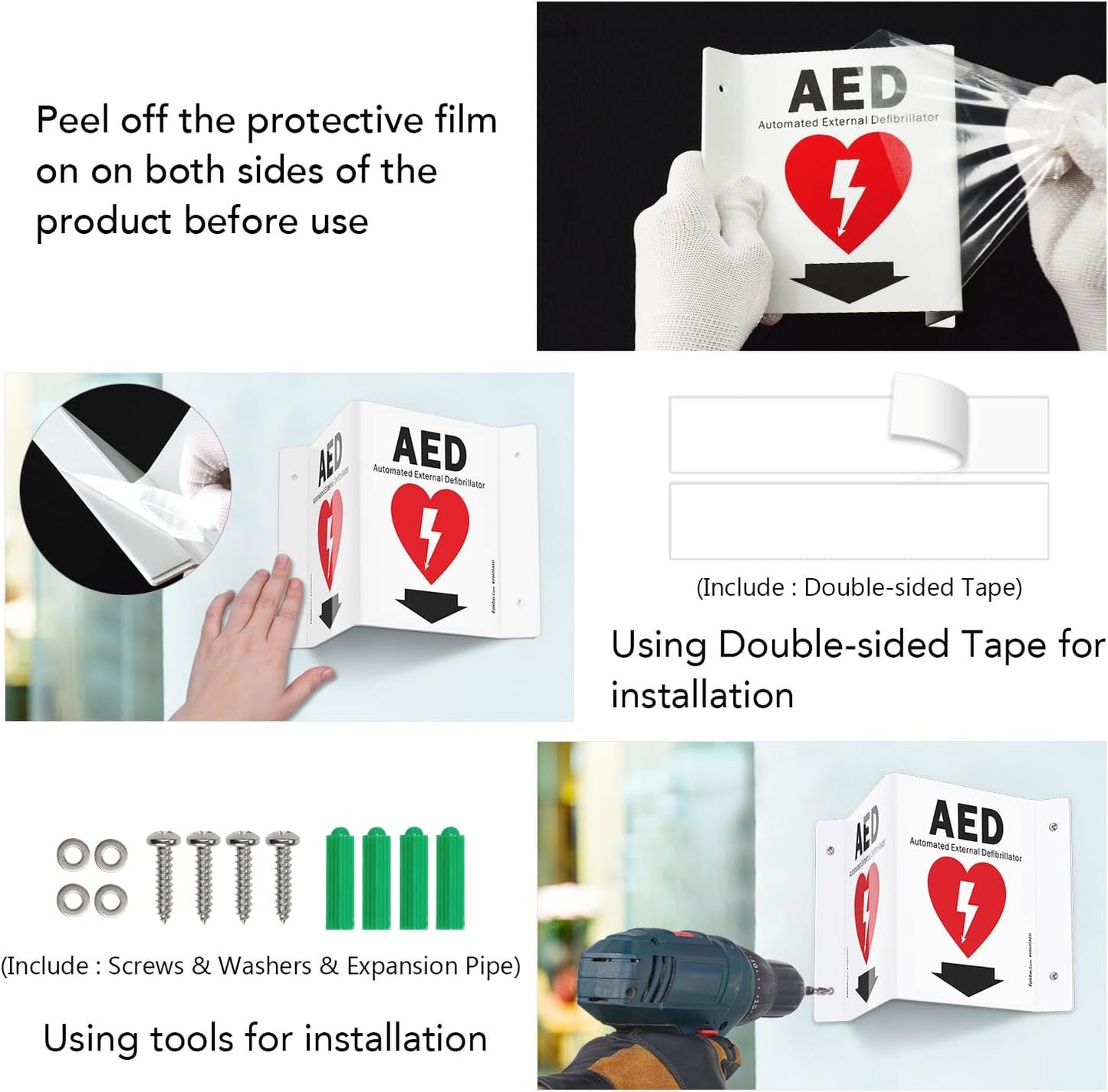 Faittoo AED Sign, AED with Down Arrow - 3 Pack 6 x 8 Inches V-Shaped Acrylic Plastic, 4 Pre-Drilled Holes, Includes Matching Screws, Use for Home Office/Business