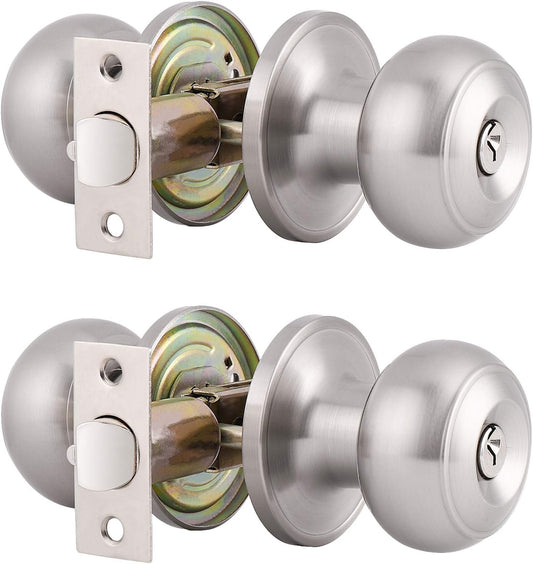 Gobrico 2 Pack Falt Ball Satin Nickel Finished Entry Door Locksets with Same Key Keyed-Alike Exterior Door Knobs