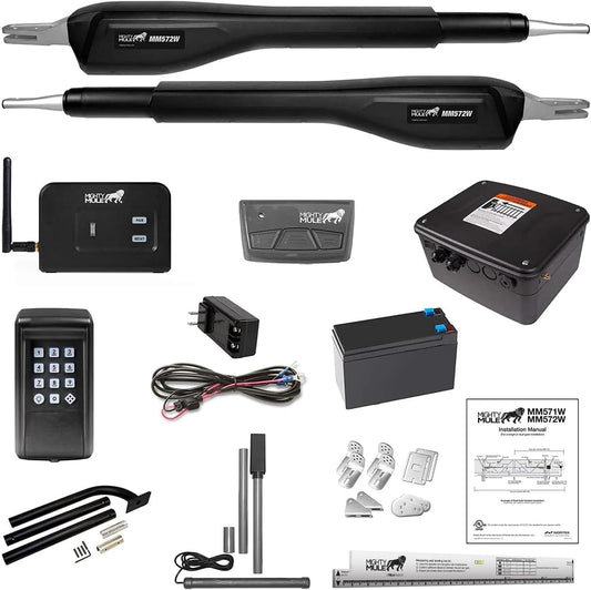 Mighty Mule Gate Opener, Solar and Smart Ready, Heavy Duty Automatic Gate Opener, Gates up to 18ft or 850lb Per Gate Leaf, Dual Gate Opener - Estate, Upgraded, MM572W-EST-A