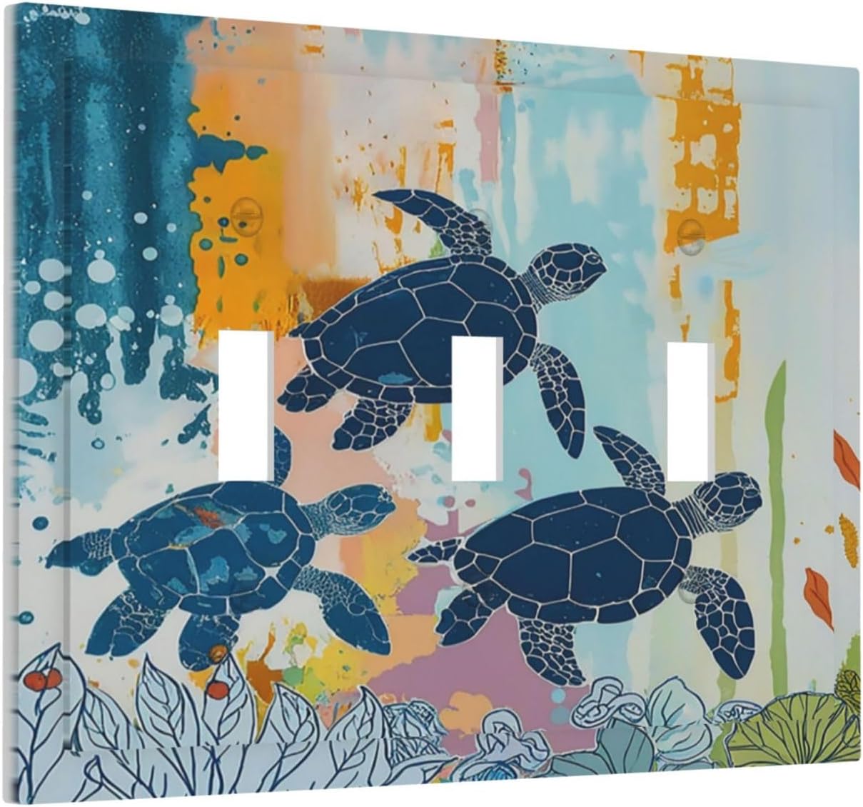 Decorative Switch Plates Colorful Ocean Sea Turtle Marine Life 3 Gang Wall Plate Triple Toggle Light Switch Cover Faceplate Electrical Wall Panels for Kids room Bedroom Decor