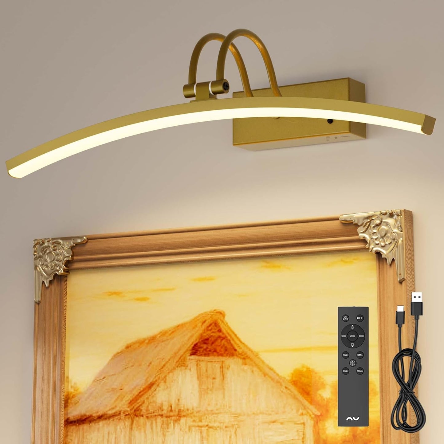 PAIHOME Picture Light for Wall Battery Operated, Rechargeable Picture Light with Smart Motion Sensor, Remote Dimmable & Timer, ‌16in Gold Wireless Art Lighting for Paintings Canvas Gallery Portraits