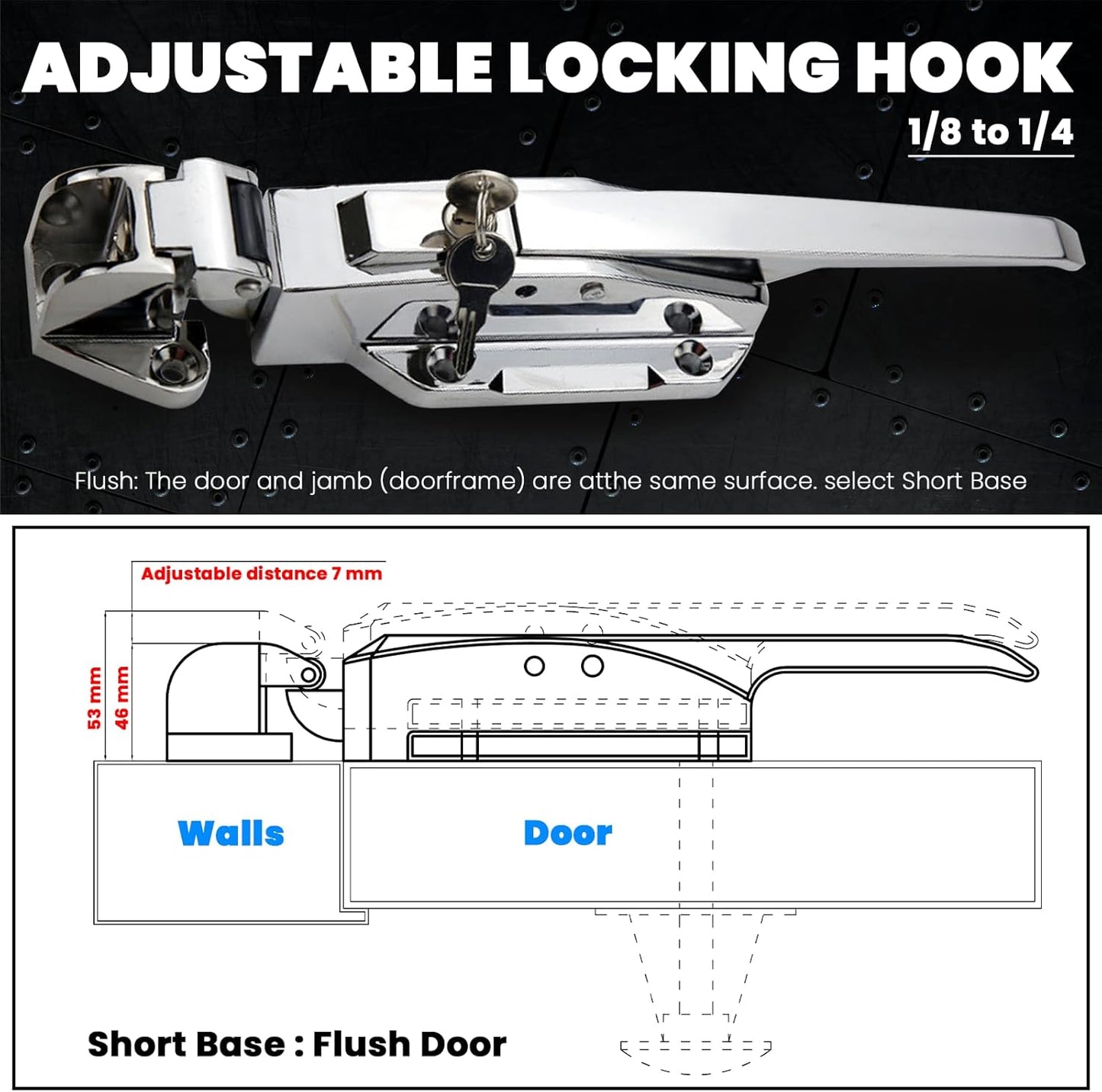 Walk in Cooler Door Handle, Walk in Cooler Door Closer Complete Latch Kit, Cooler Door Radial Latch (1/8 In-1/4 in(Flush)) and 6" Solid Nylon Glow-in-The-Dark Release Handle