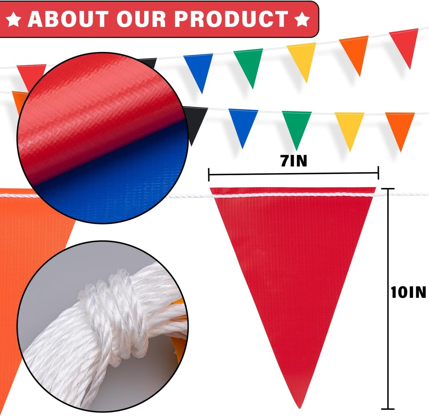 50ft Pennant Banner Flags, 7"x10" Fluorescent Multicolor Safety Flagging Warning Banner for Construction Site/Traffic Control/Boundary Barrier Signs, Perimeter Marking Flags on String, 25 Pcs
