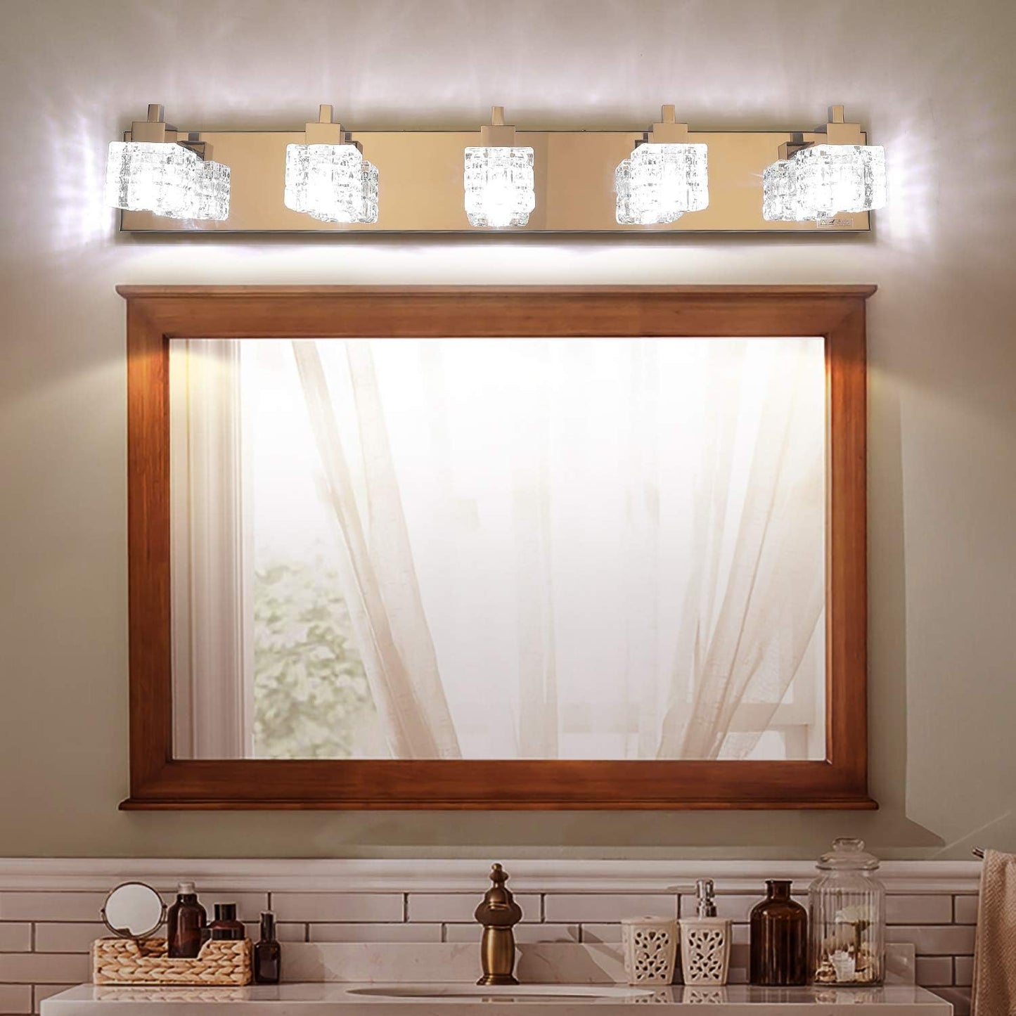 TRLIFE Bathroom Light Fixture, Modern Bathroom Lights Over Mirror 5-Lights Vanity Light, 32inches Crystal Glass Vanity Lights