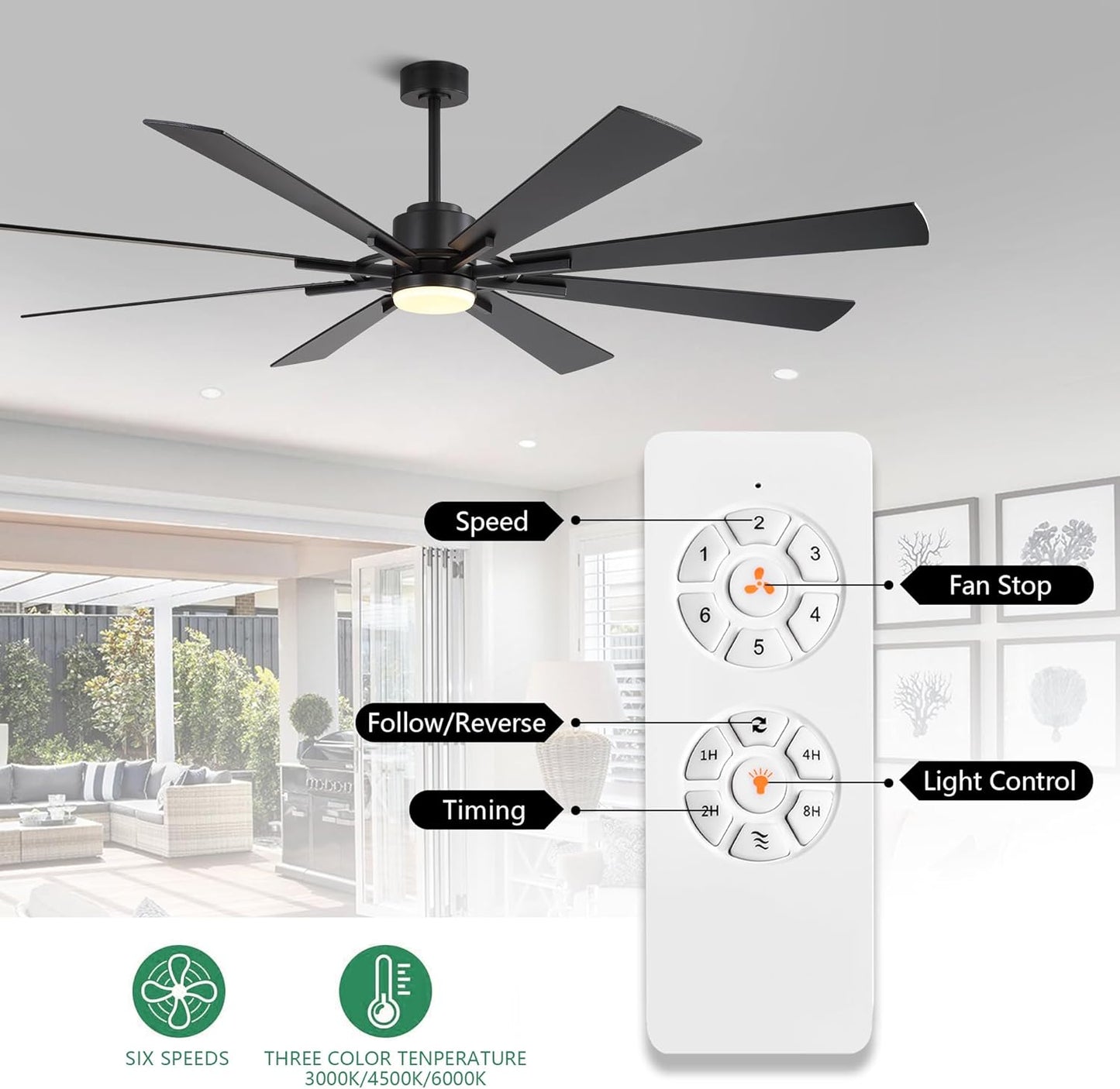 WINGBO 80" DC Ceiling Fan with Lights and 3 Downrods, Matte Black Ceiling Fan, 8 Plywood Blades, 6-Speed Reversible DC Motor, Large Ceiling Fans for Kitchen Bedroom Living Room