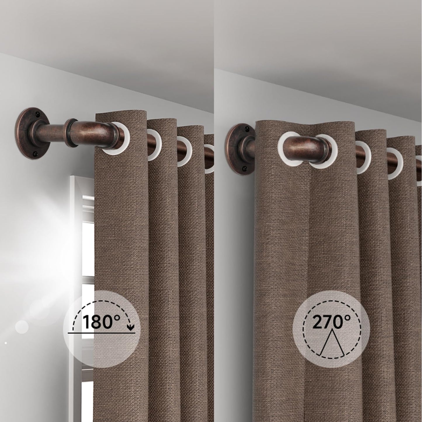 Bronze Curtain Rods 18 to 144 Inch, Industrial Curtain Rods,Adjustable Length,1 in Diameter Pipe,Wall or Ceiling Mounted,for Bedroom and Living Room(Antique Red Bronze 18” to 144”)