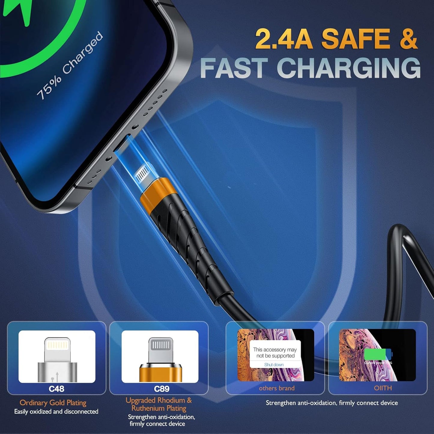 OIITH Apple MFi Certified iPhone Charger Cable 3 Pack 6 Ft, Long Lightning Charging Cord, Fast 2.4A iPhone USB Cord Compatible with iPhone12/11/XS/Max/XR/X/8/8P/7P/6 - Orange