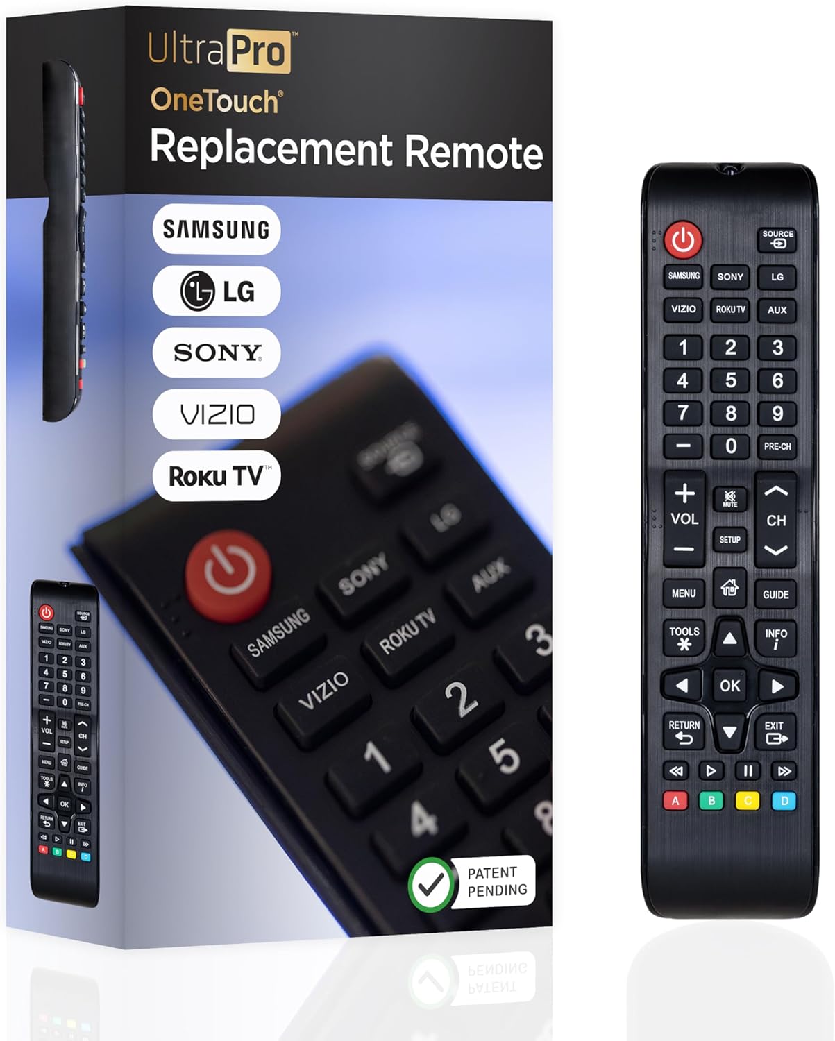 UltraPro OneTouch Universal Remote Replacement Compatible for All Samsung, LG, Sony, Vizio and Roku TV Smart TV, LED, LCD, HDTV, 3D, Series TV, Black, 84011
