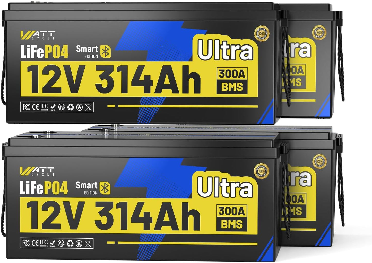 WattCycle 12V 314Ah LiFePO₄ Battery 4 Pack, Lithium Battery 12V 300A BMS, Lithium RV Batteries Built-in Bluetooth, IP65 Marine Batteries, Perfect for Home Energy Storage, RV, Marine, Solar, Off-Grid