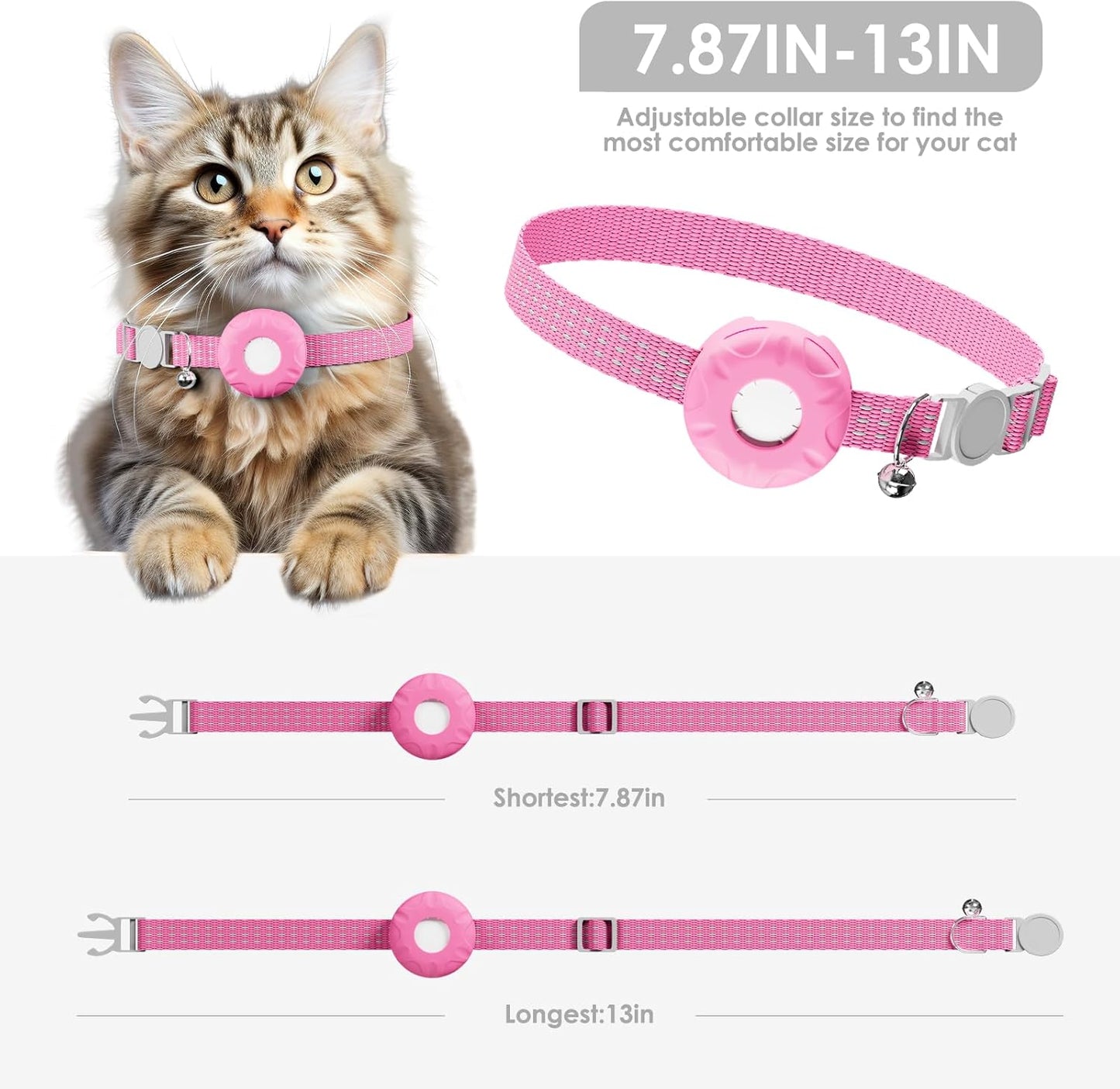 Cat Tracker, Cat Tracker Collar with Safety Elastic Buckle, Works with Any Collar,Compatible with Apple Find My App (Only iOS), No Monthly Fee, Waterproof, Pink