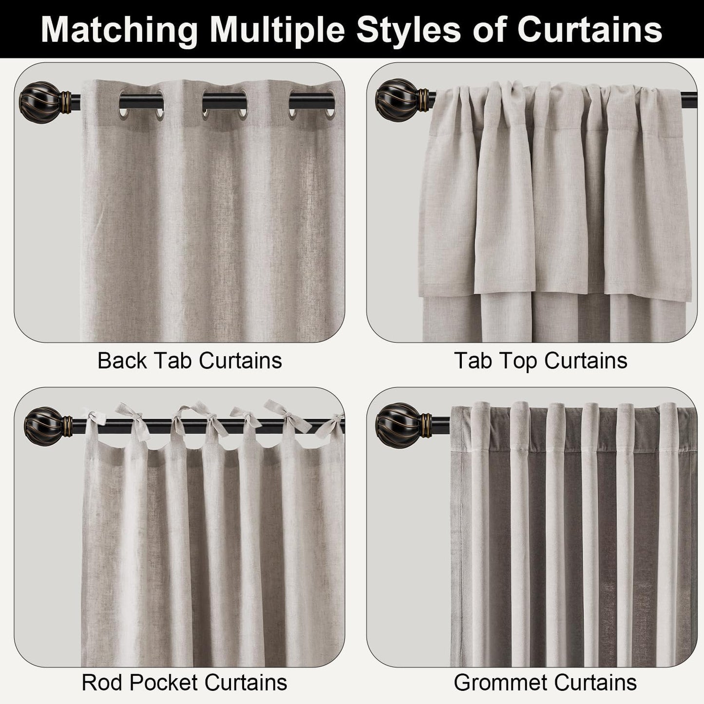 Black Curtain Rods for Windows 72 to 144 Inch 7/8" Diamete Heavy Duty Adjustable Window Curtain Rod with Decorative Finials for Farmhouse Bedroom Living Room Kitchen Outdoor