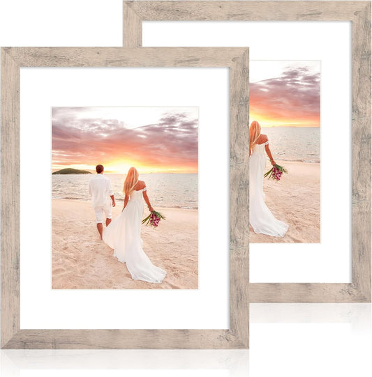 iRahmen 11x14 Picture Frame Set of 2 with Tempered Glass, Smoke Gray Frame Display 8x10 Picture with Mat or 11 x 14 Without Mat, Wooden Photo Frame for Horizontal or Vertical Wall Mount