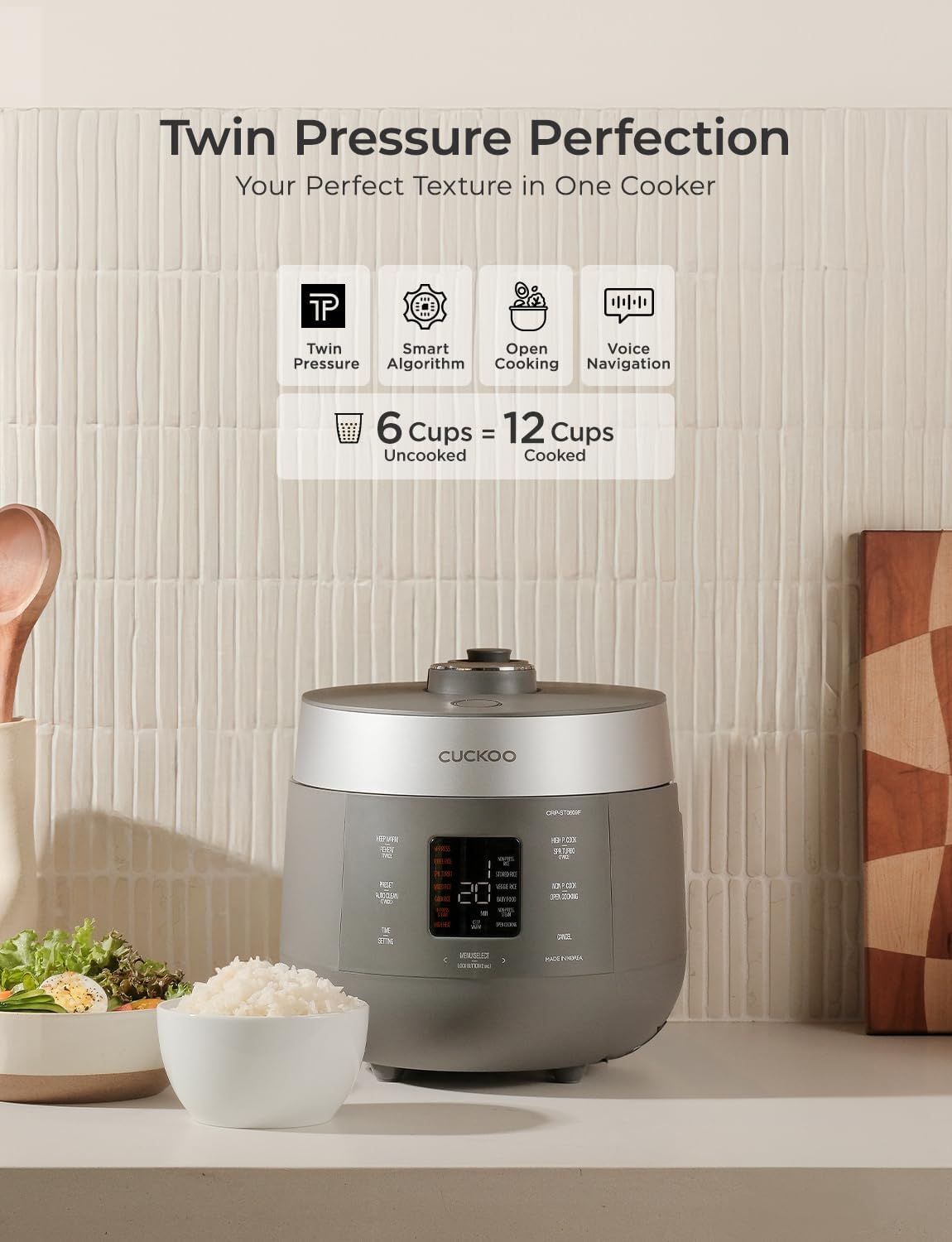 CUCKOO Twin Pressure Rice Cooker 6-Cup Uncooked / 12-Cup Cooked with Nonstick Inner Pot, Versatile Rice Maker & Warmer with 16 Menu Options, Open Cooking Mode, Voice Guide, Gray (CRP-ST0609FG)