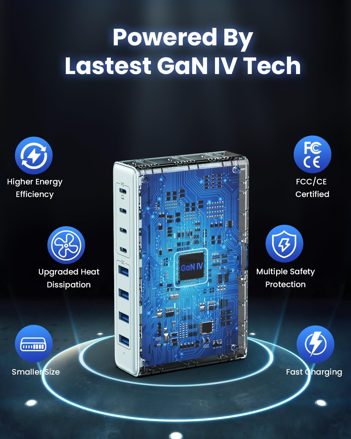 200W USB C Charger Block,GaN IV Charging Station 8 Ports,QC4.0 Fast Charging Station Hub+PD 65W USB C Laptop Charger Adapter Compatible with MacBook Air/Pro,DELL,iPhone 17/16,iPad,Steam Deck-Sky Blue