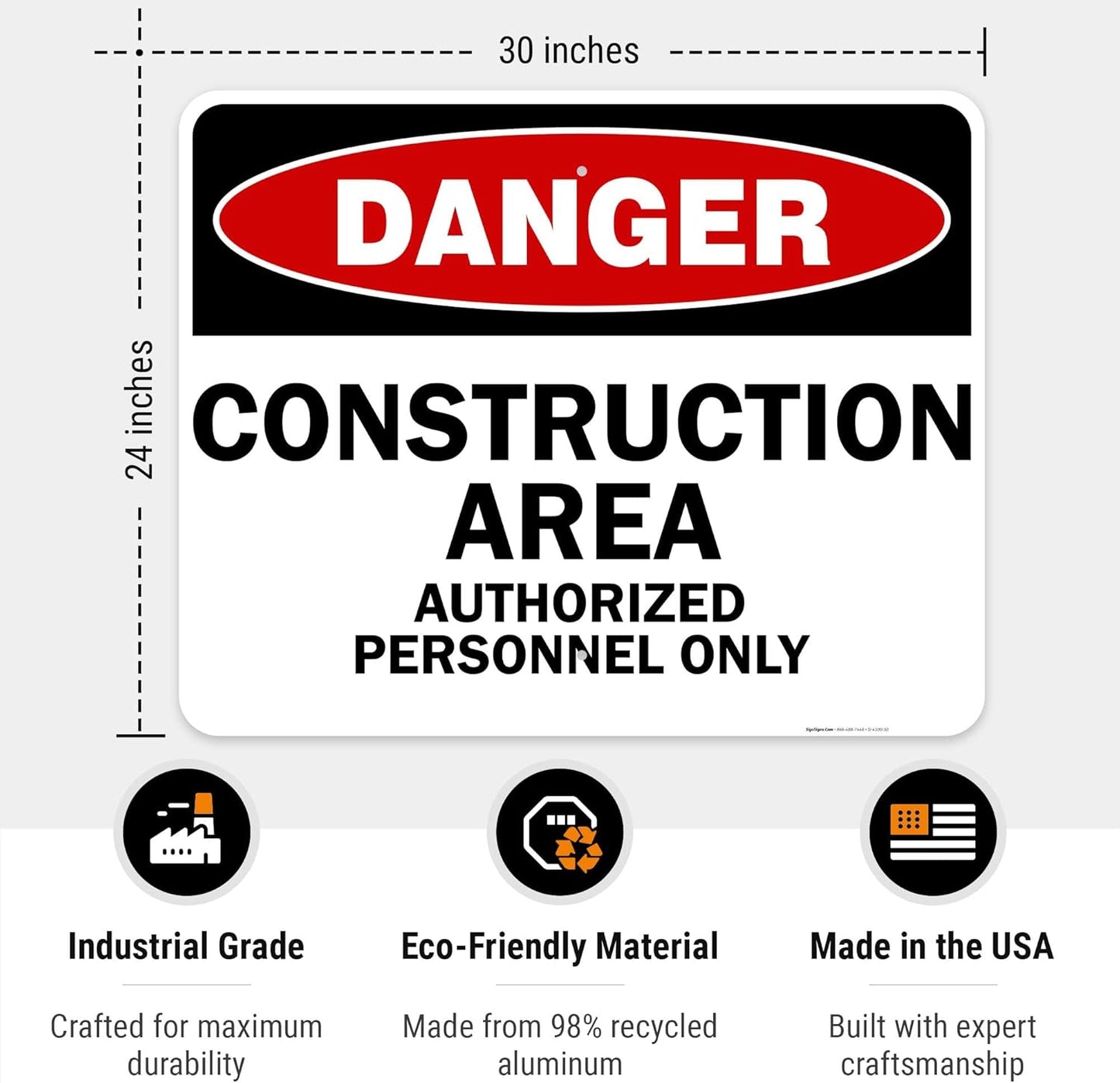 Danger Construction Area Sign, Authorized Personnel Only Sign, 24x30 Inches, Rust Free .063 Aluminum, Fade Resistant, Indoor/Outdoor Use, Made in USA