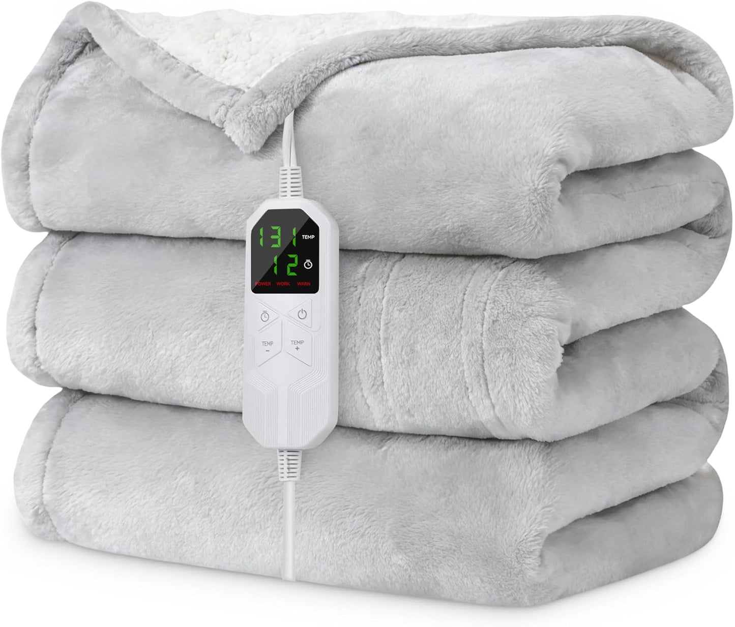 Electric Heated Blanket Full Size 72" x 84", Soft Plush Flannel & Sherpa Electric Blanket with 8 Heat Settings, 1-12H Auto-Off, Fast & Even Heating, Machine Washable, for Home & Office, Light Gray