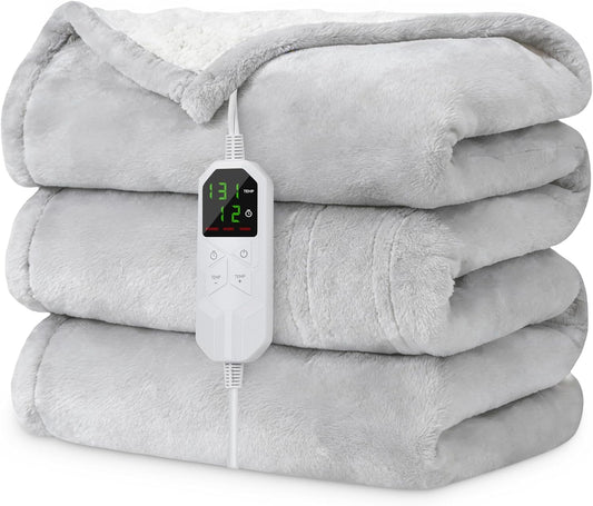 Electric Heated Blanket Full Size 72" x 84", Soft Plush Flannel & Sherpa Electric Blanket with 8 Heat Settings, 1-12H Auto-Off, Fast & Even Heating, Machine Washable, for Home & Office, Light Gray