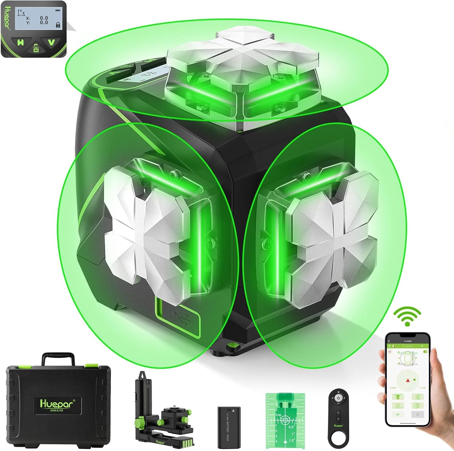 Huepar Laser Level, Self Leveling 12 Lines Cross Line Laser with LCD Screen 3 x 360° Bluetooth Connected Green Beam Laser Tool, 3D Horizontal & Vertical Laser Line -Remote Control&Rechargeable Battery