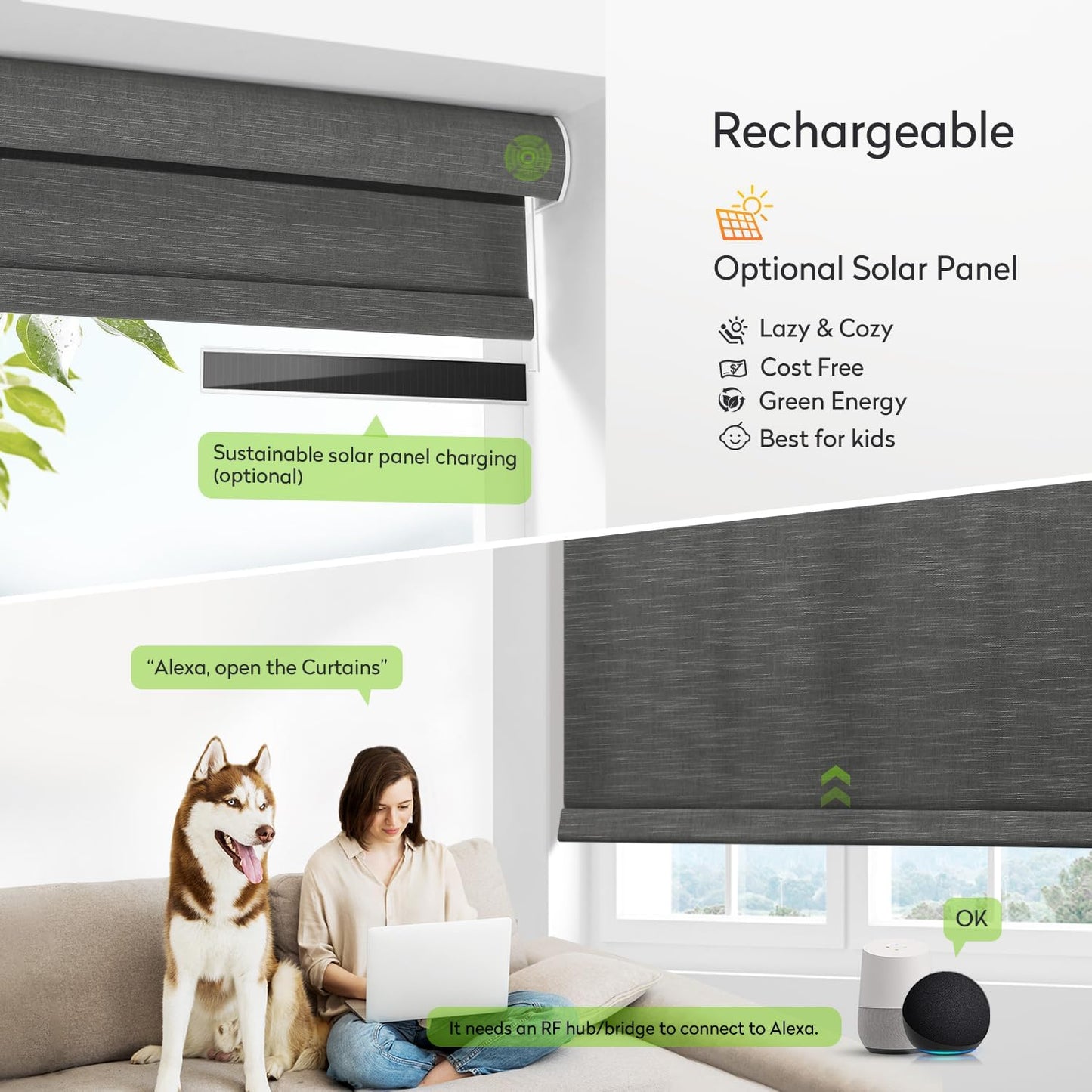 ZSTARR Motorized Light Filtering Roller Blinds with Remote Control,Rechargeable Smart Window Shades Compatible with Alexa Google via Hub,Fabric Wrapped Valance, Custom Size (Dim Gray)