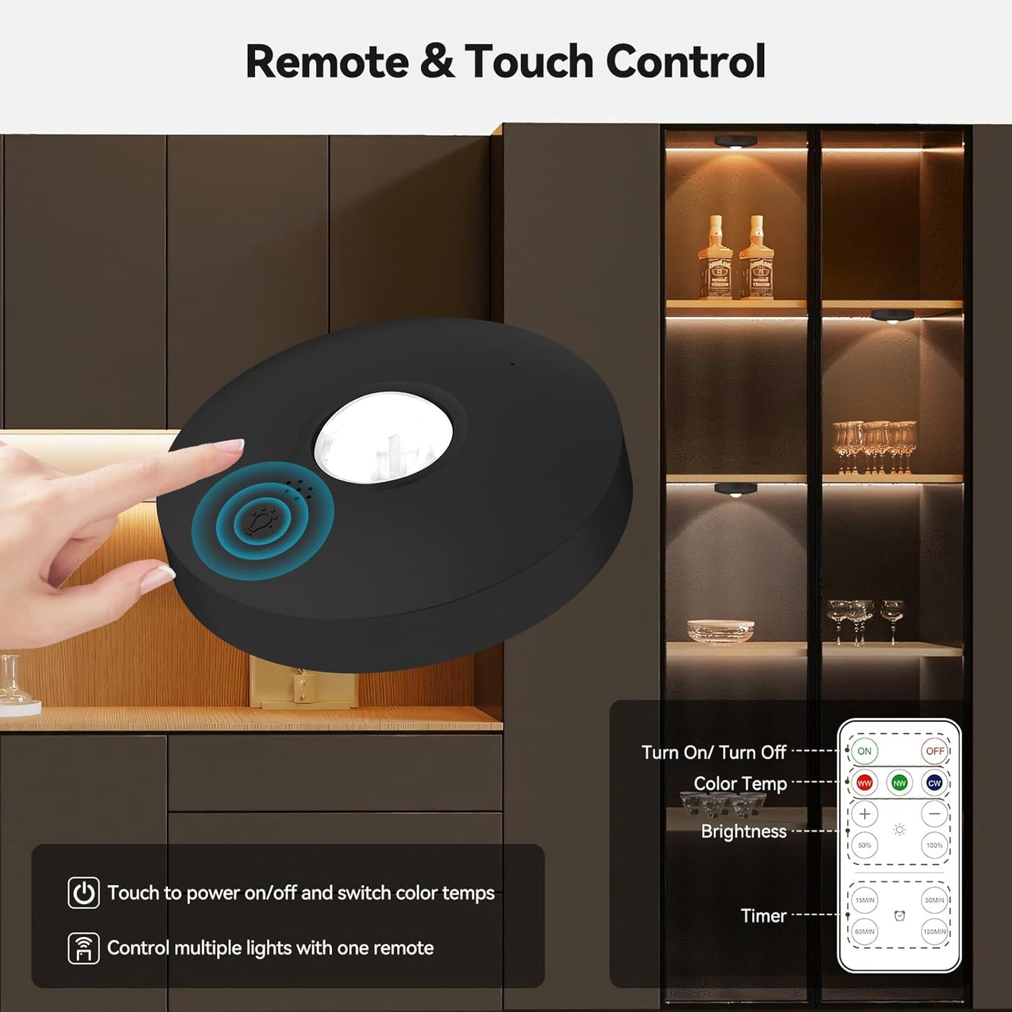 Yiliaw Rechargeable Puck Lights with Remote, 3 Pack Magnetic Under Cabinet Lighting, 1500mAh Battery Operated LED Tap Lights with Dimmer & Timmer for Kitchen, Closet, Shelf - 3 Color Temps, Black