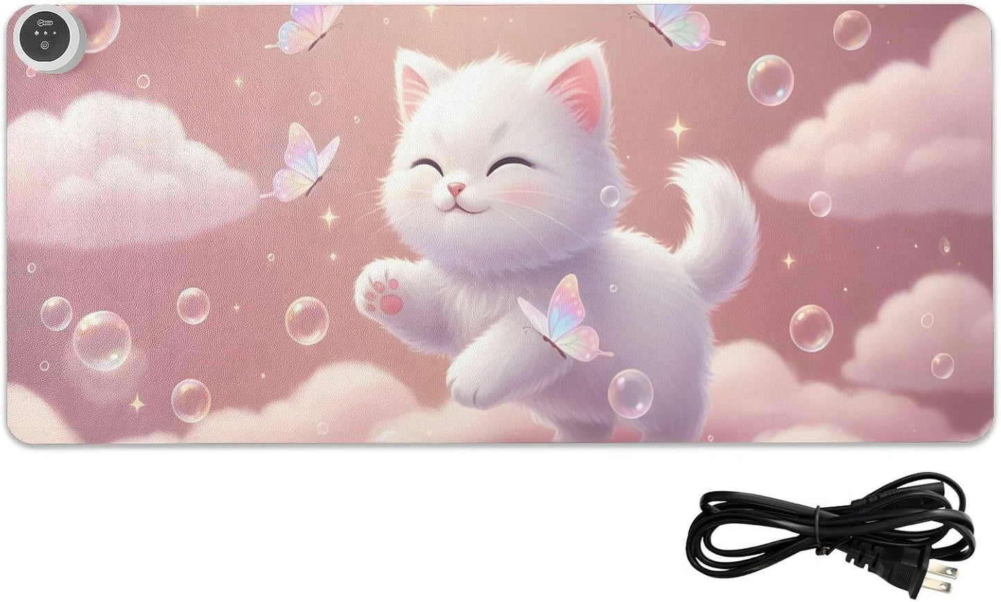 Large Heated Mouse Pad,Leather Desk Mat,31.5"x13",Hand Warmer Pads for Desk,Kitty Bubbles(Pale Pink)