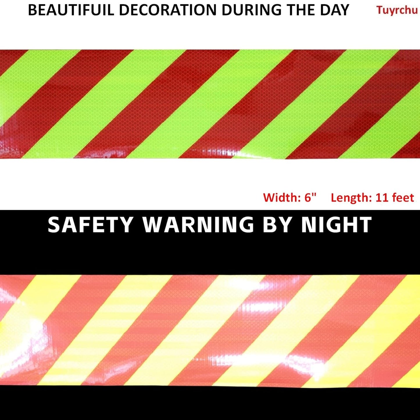 Non Fading Reflective Tape Outdoor Waterproof 6 inch Wide, High Visibility Industrial Marking Tape, Safety Adhesive Stickers (11 feet)