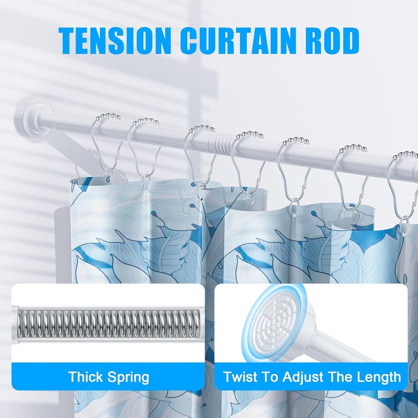 TEECK Shower Curtain Rod, 32-92 inch Adjustable Spring Tension Curtain Rod, Never Rust Anti-Slip Shower Curtain Rod for Bathroom, No Drilling, Never Collapse, Easy to Use, White