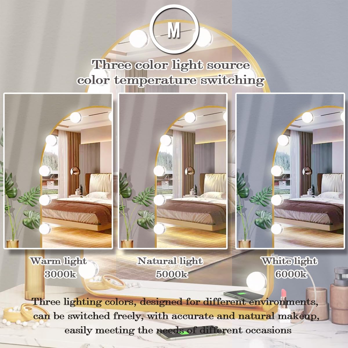THEKLA Gold Arch Hollywood Vanity Mirror with Lights for Makeup Desk Table Wall Detachable Base Stand X10 Magnifying Dimmable 3 Color Lights 18 Bulbs