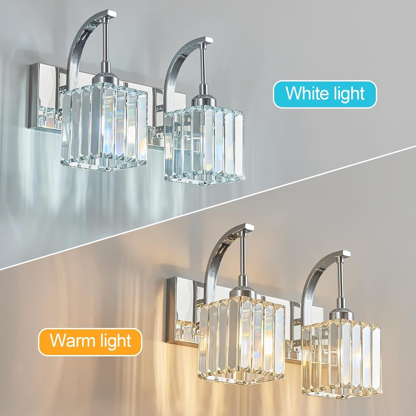 Crystal Vanity Lights 2-Light Chrome Wall Lamp Modern Crystal Bathroom Light Fixtures Over Mirror 13.77" Long Bathroom Wall Sconce