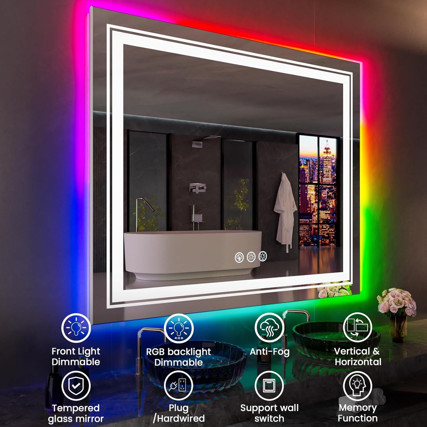 LED Mirror for Bathroom, 60"X30" with 8 RGB Backlit +3 Front Lit (Adjustable Individually), Anti-Fog, Large Lighted Bathroom Vanity Mirror for Wall,Shatterproof,Memory Function,Tempered Glass