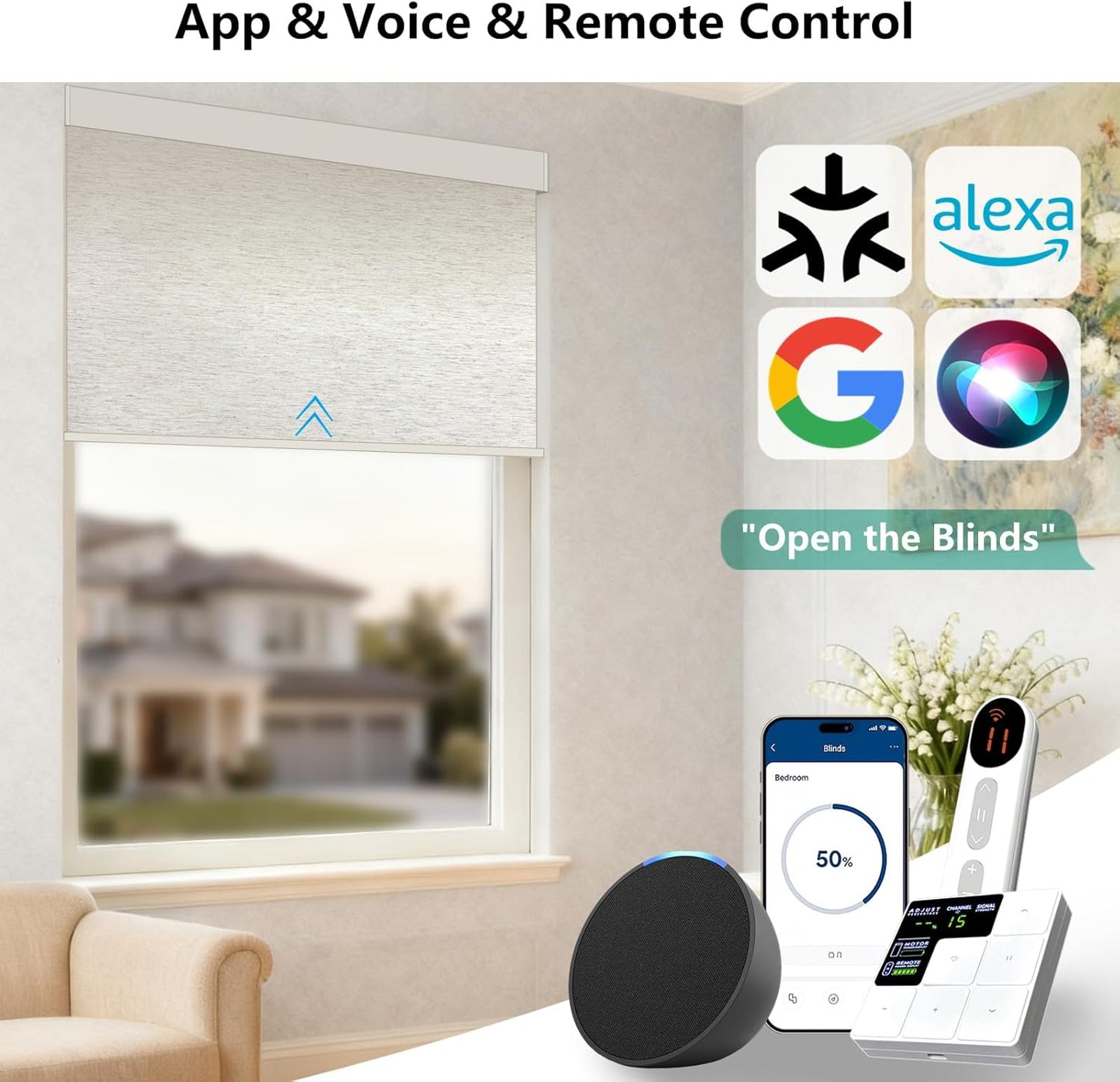 Smart Motorized Blinds – 100% Blackout Roller Shades with Remote, Alexa/Google Home/Siri Control, Matter Compatible, Wireless Rechargeable Battery, Custom Sizes for Windows & Sliding Doors
