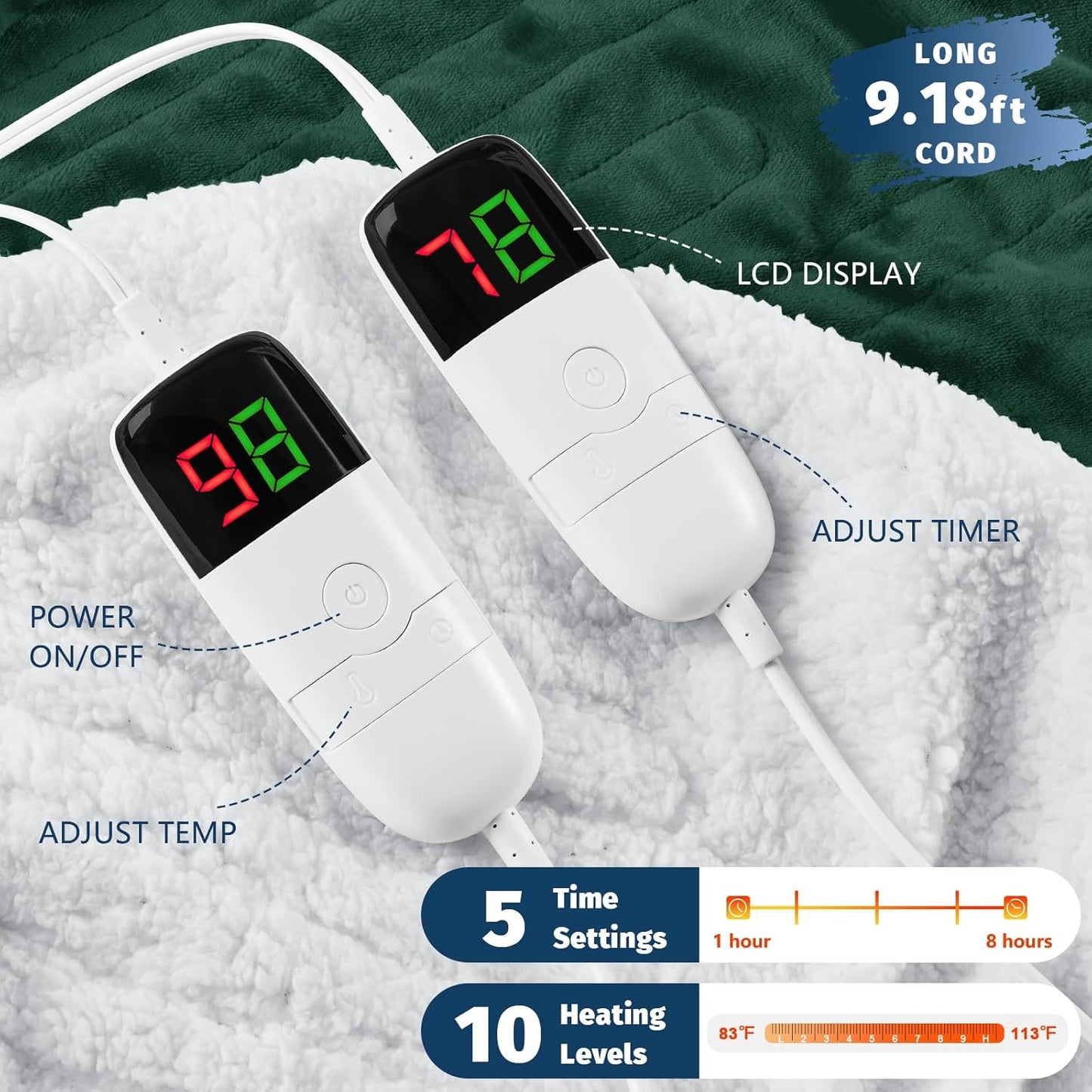 Heated Electric Blanket Queen Size - 84" x 90" Heating Blanket with Dual Control, 10 Heating Levels & 8 Hours Auto Off, Soft Warm Flannel Blanket, Christmas Birthday Gifts for Senior Grandma