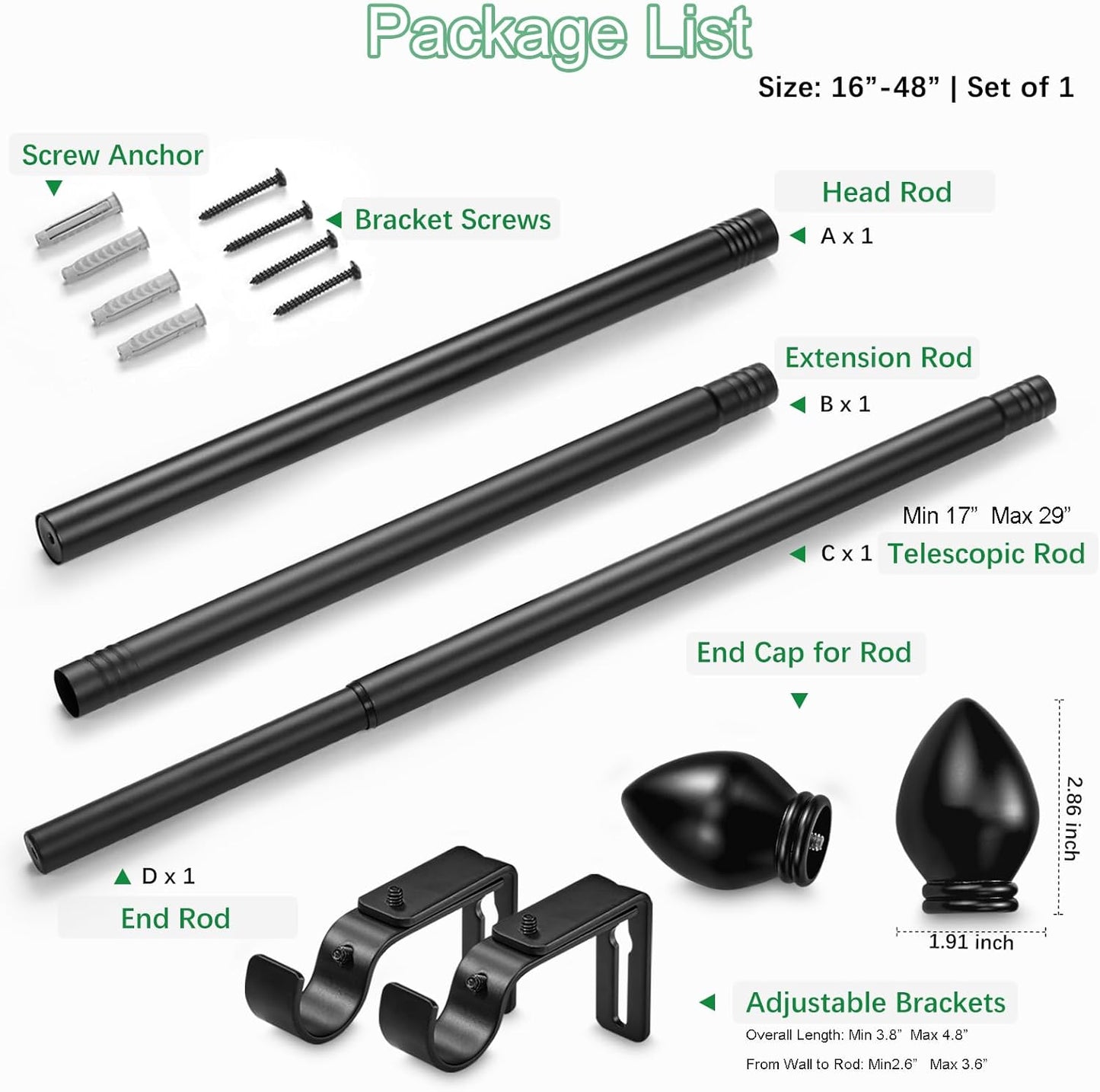 Curtain Rods for Windows 16 to 48 inches, Curtain Rod Max Adjustable Length to 60 in, Drapery Rod 1 inch Diameter with Modern Knobs Finials (Black, 16" to 48" - Set of 1)