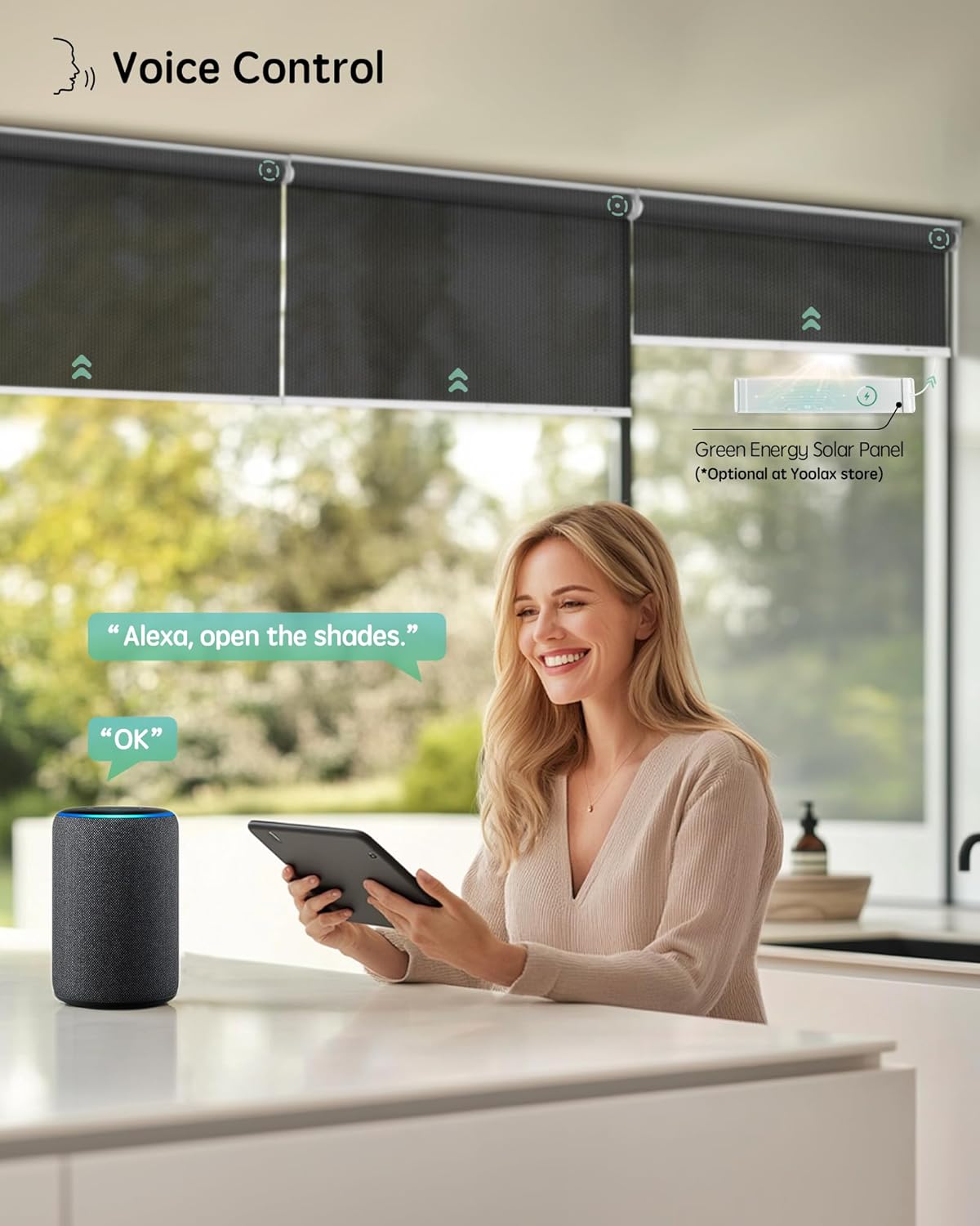 Yoolax Motorized Solar Shades, Flame Resistat Smart Blinds for Windows Motorized Roller Shades, Motorized Blinds Compatible with Alexa Custom Size (Solar-5% Openness Black)