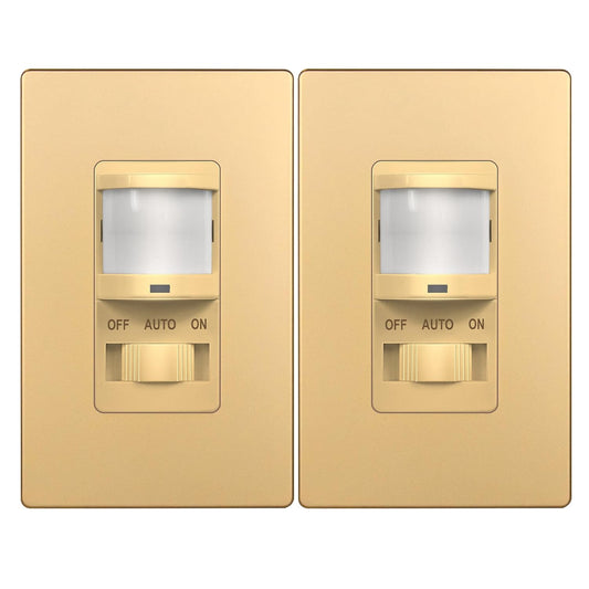TOPGREENER in Wall PIR Motion Sensor Light Switch, Occupancy Sensor Switch, 𝐍𝐞𝐮𝐭𝐫𝐚𝐥 𝐖𝐢𝐫𝐞 𝐑𝐞𝐪𝐮𝐢𝐫𝐞𝐝, On/Off Override, 𝐒𝐢𝐧𝐠𝐥𝐞 𝐏𝐨𝐥𝐞, 4A, 500W, TSOS5-GDSWP,Gold,2 Pack
