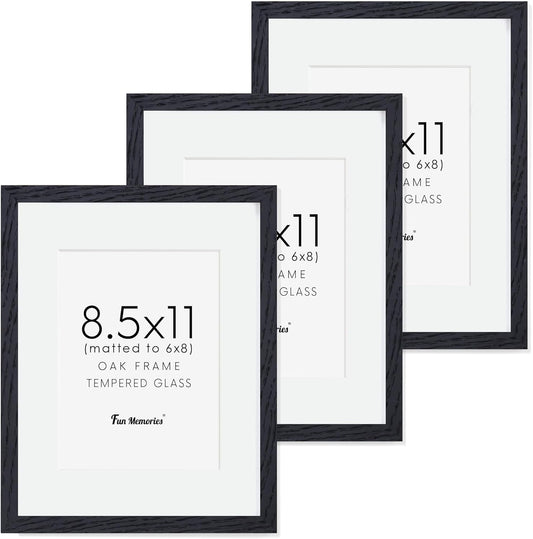 Fun Memories Solid Oak Wood Frame 8.5x11 With Real Glass - Display Poster 6x8 With Mat or 8.5x11 Without Mat - Wall Display Photo Frames, Black Color, 3 Pack