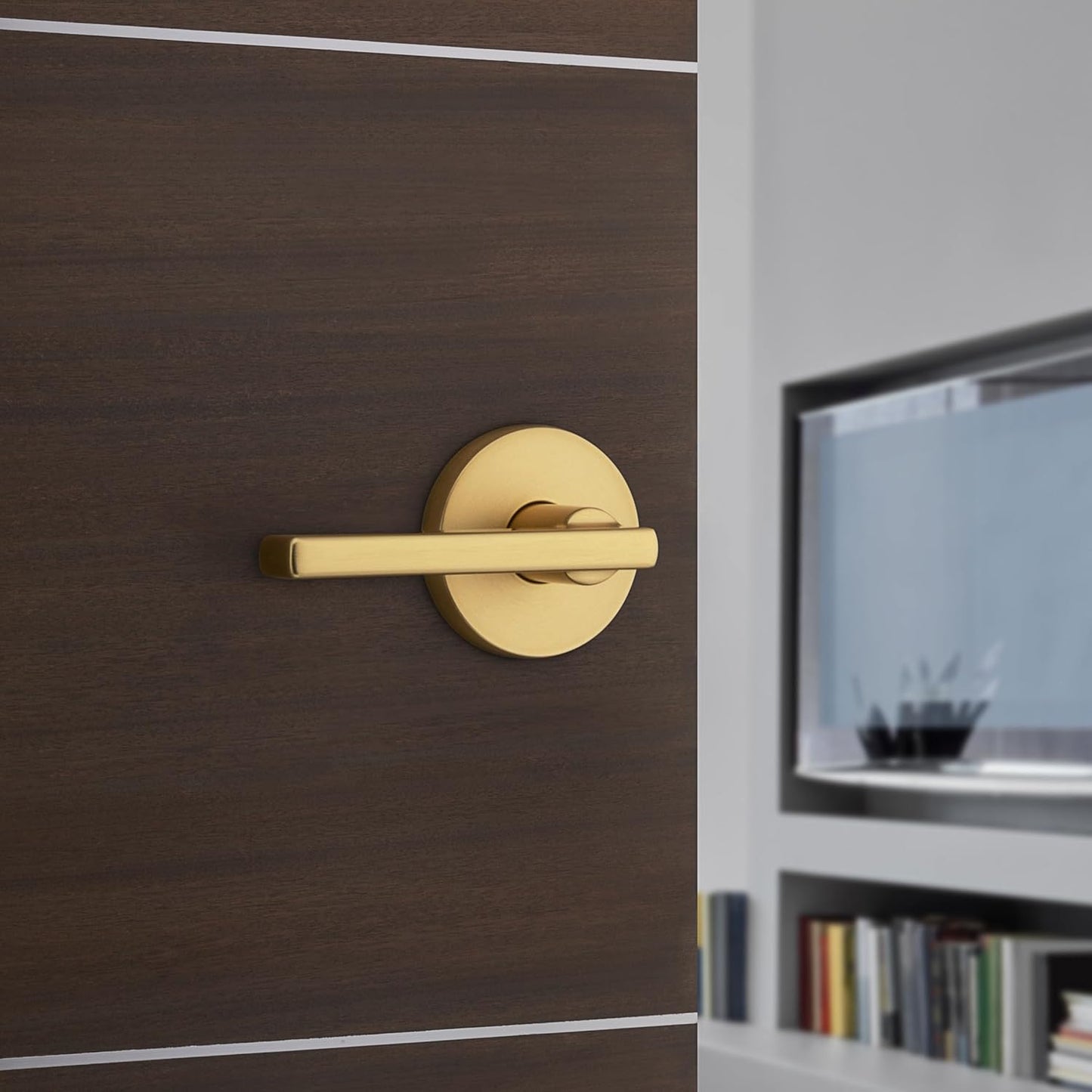 Kwikset Halifax Interior Privacy Door Handle with Lock, Door Lever for Bathroom and Bedroom, Satin Brass Reversible Keyless Push Button Lock Door Lever, with Microban Protection