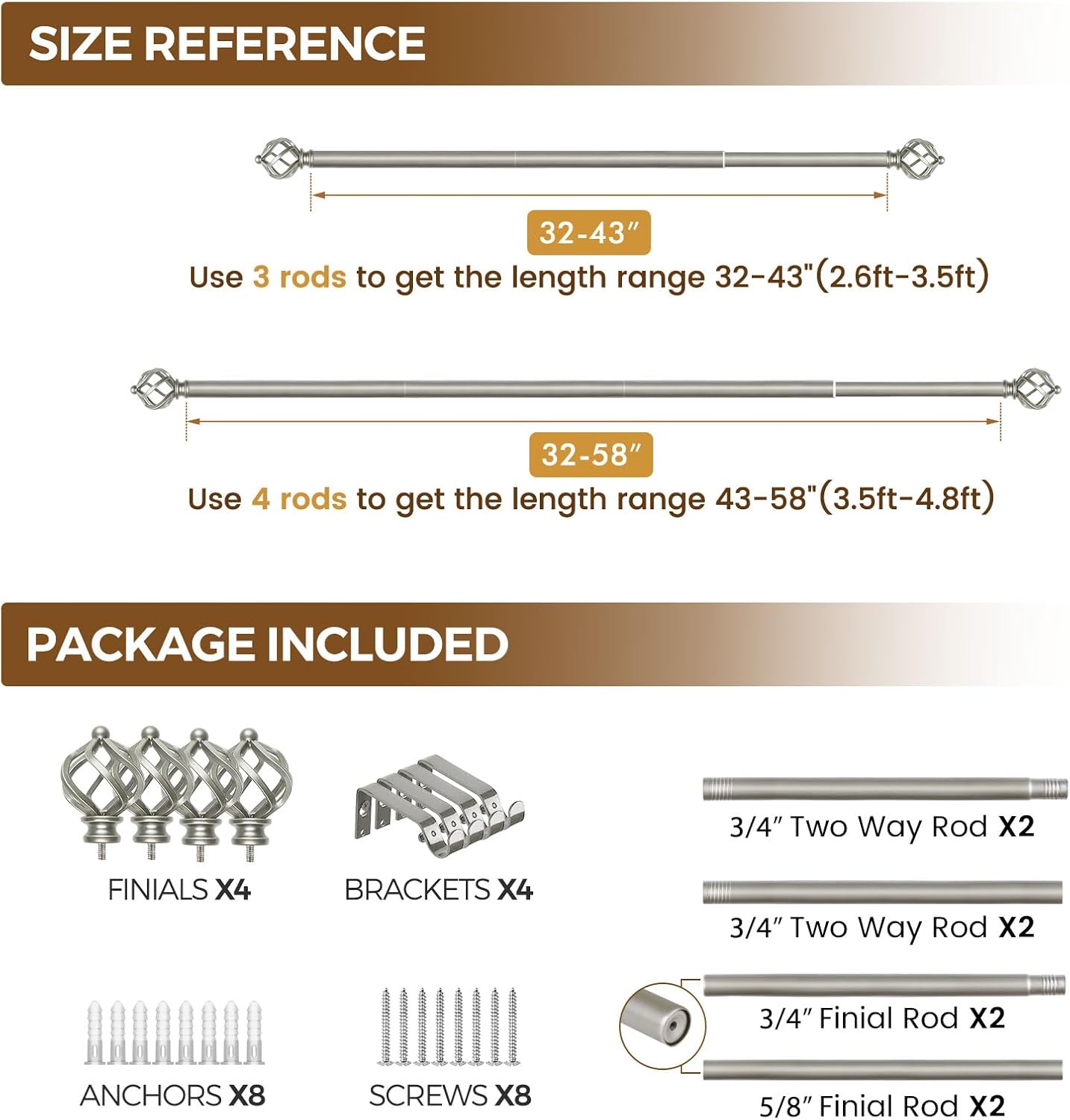 KAMANINA 2 Pack Curtain Rods 32 to 58 Inches (2.6-4.8ft), 3/4 Inch Curtain Rods for Windows Splicing Adjustable Single Drapery Rod with Twisted Cage Finial, for Indoor and Outdoor, Antique Silver