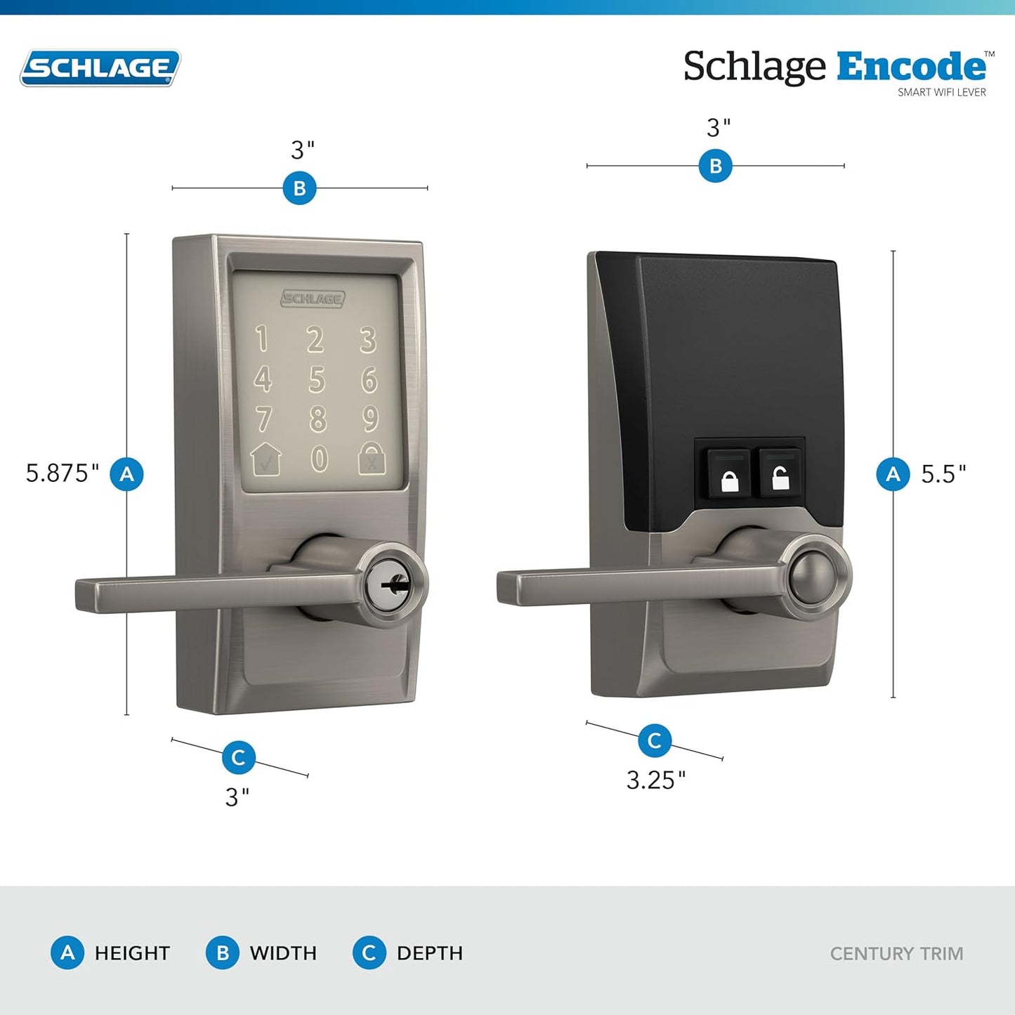 Schlage FE789WBCEN619LAT Encode Century WiFi Latitude Lever Smart Keyless Entry Touchscreen Door Lock, Satin Nickel