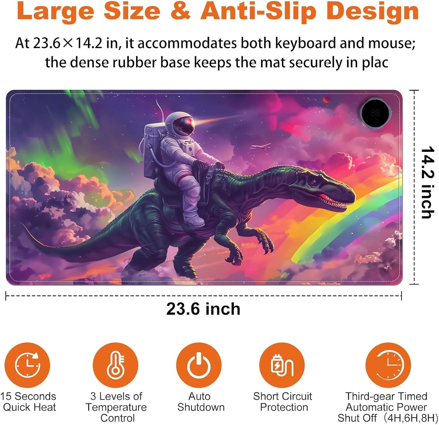 Small Heated Desk Pad 23.6" x 14.2" – Compact Electric Mouse Pad with 3 Heating Levels, Auto Shut-Off, Waterproof PU Surface, Plug-in Warmer for Office or Home Use, Astronaut on Dinosaur