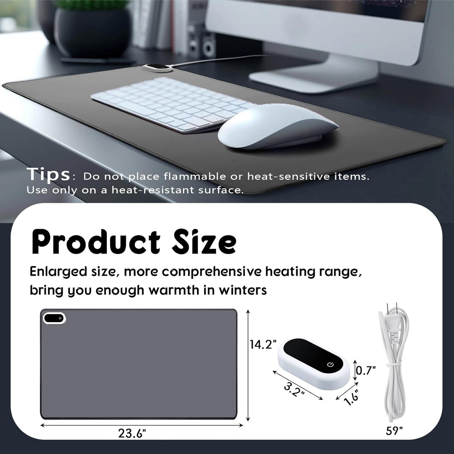 Konohan Heated Large Desk Mat PU Leather Warm Mouse Pad with 5 Heating Level & 4 Hour Auto Shut-Off Heating Keyboard Pad Warmer Gaming Mice Mat Only Supports 110v(Gray Color,23.6"x 14.2")