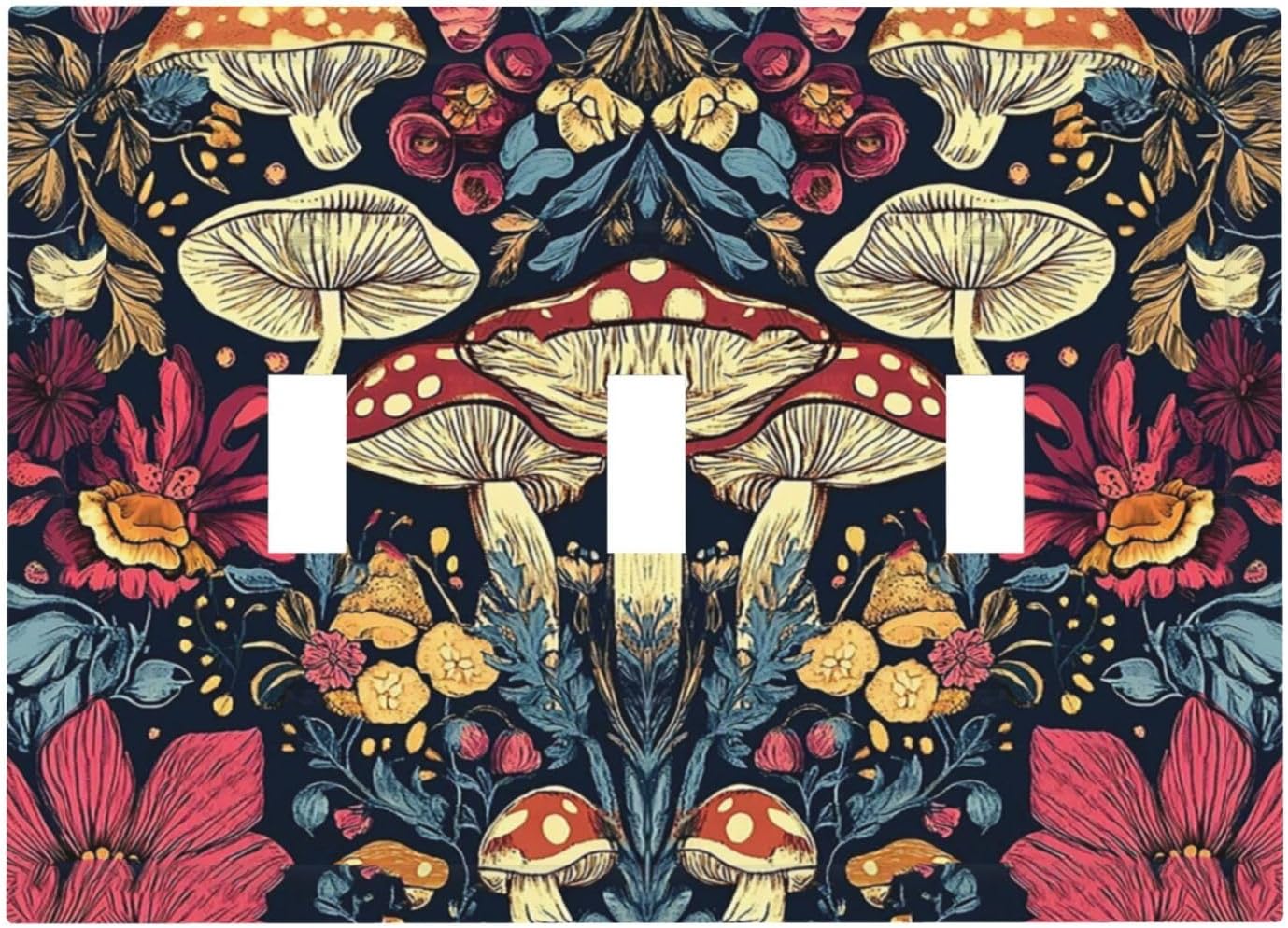 Decorative Light Switch Cover Plate Coloful Red Yellow Orange Magical Mushroom Forest 3 Gang Wall Plate Triple Toggle Switch Plate Covers Electrical Outlet Cover for Bedroom Home Decor