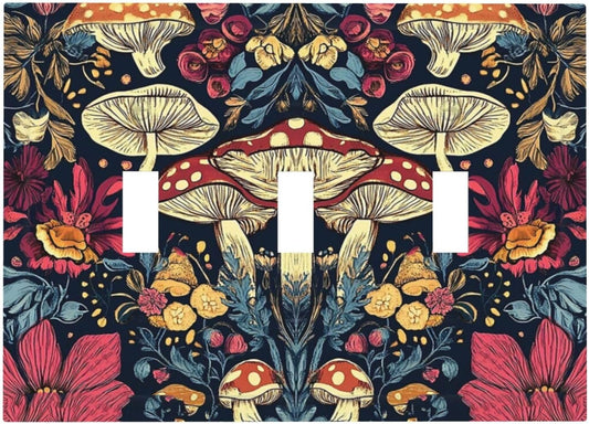 Decorative Light Switch Cover Plate Coloful Red Yellow Orange Magical Mushroom Forest 3 Gang Wall Plate Triple Toggle Switch Plate Covers Electrical Outlet Cover for Bedroom Home Decor