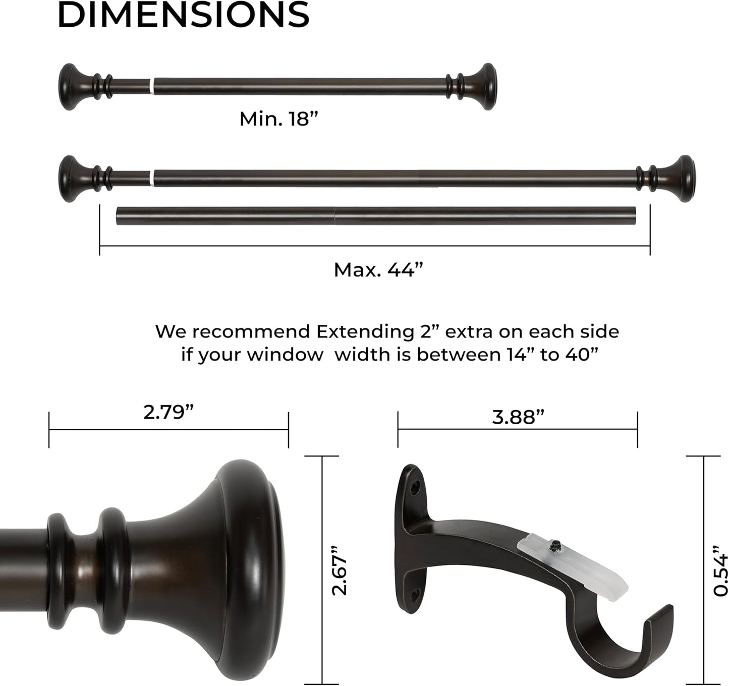 Deco Window Adjustable Curtain Rod for Windows 18 to 44 Inch (Pack of 1) Extendable Heavy Duty 1 Inch Iron Drapery Pole with Finials Wall Mounted French Door Curtain Rods (Bronze)