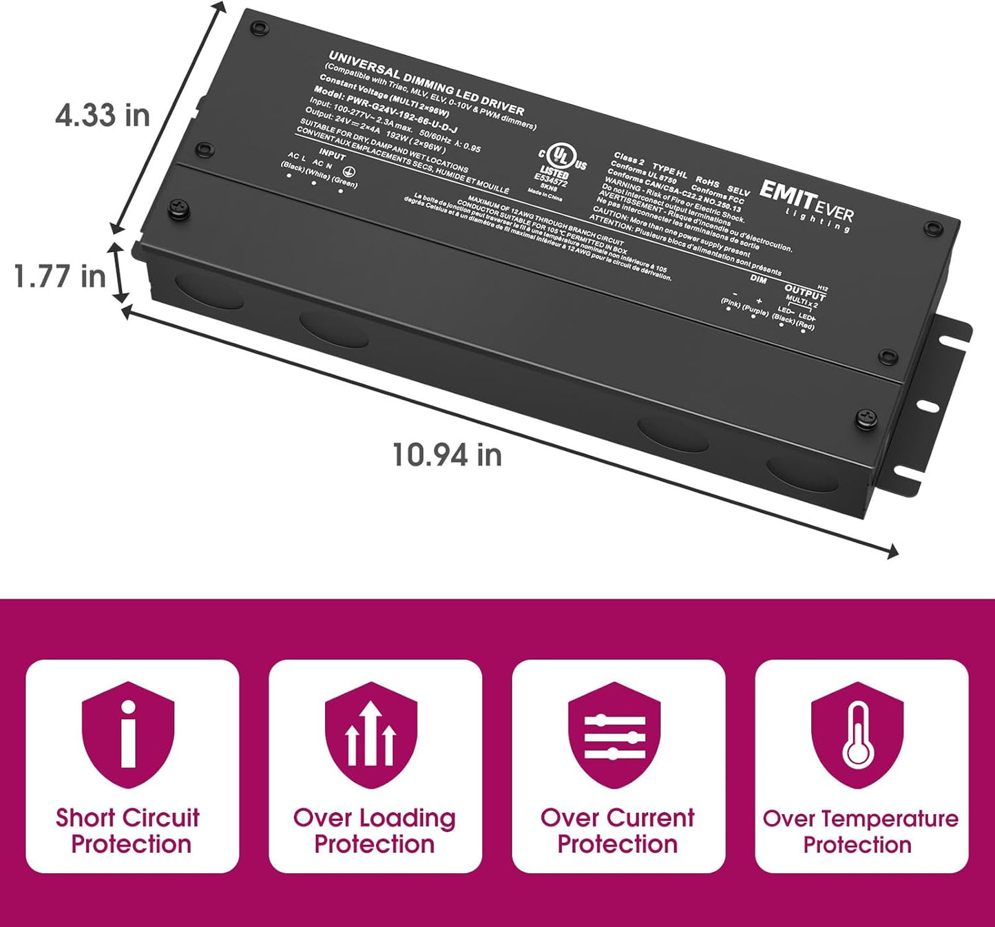 EMITEVER 192W Dimmable LED Driver, 24V 5-in-1 Dimmable Power Supply,2-Channels AC to DC Transformer for LED Light, Compatible with Lutron and Leviton Dimmer, Waterproof IP67 and UL Listed, Class 2