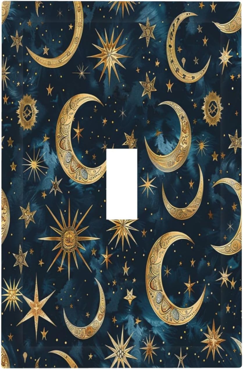 Decorative Light Switch Cover Modern Abstract Sky Blue Gold Moon Sun Star 1 Gang Single Toggle Device Electrical Faceplate Switchplates Decorator Outlet Wall Plate for Bedroom Kids room Decor