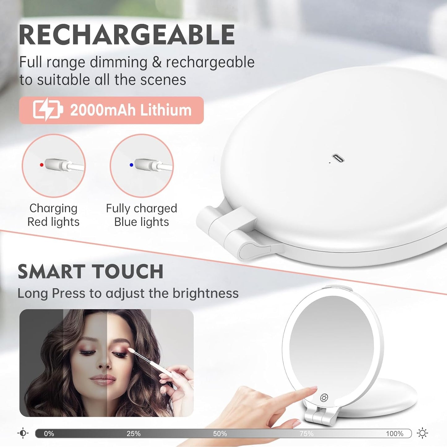 FUNTOUCH Travel Mirror with Lights and Magnification, 1X/10X Double Sided Makeup Vanity Mirror with 3 Color Setting, Christmas Birthday Gifts for Women Girls with Bag