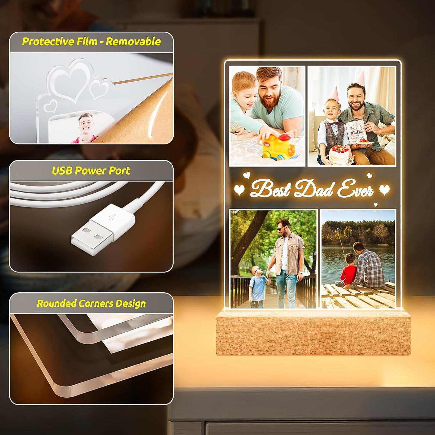 Best Dad Ever Gifts, Custom Collage Picture Frames with Night Light, Personalized Photo Frame, Customized Picture Frame with Photo, Personalized Birthday Gifts for Dad Baby Kids Family