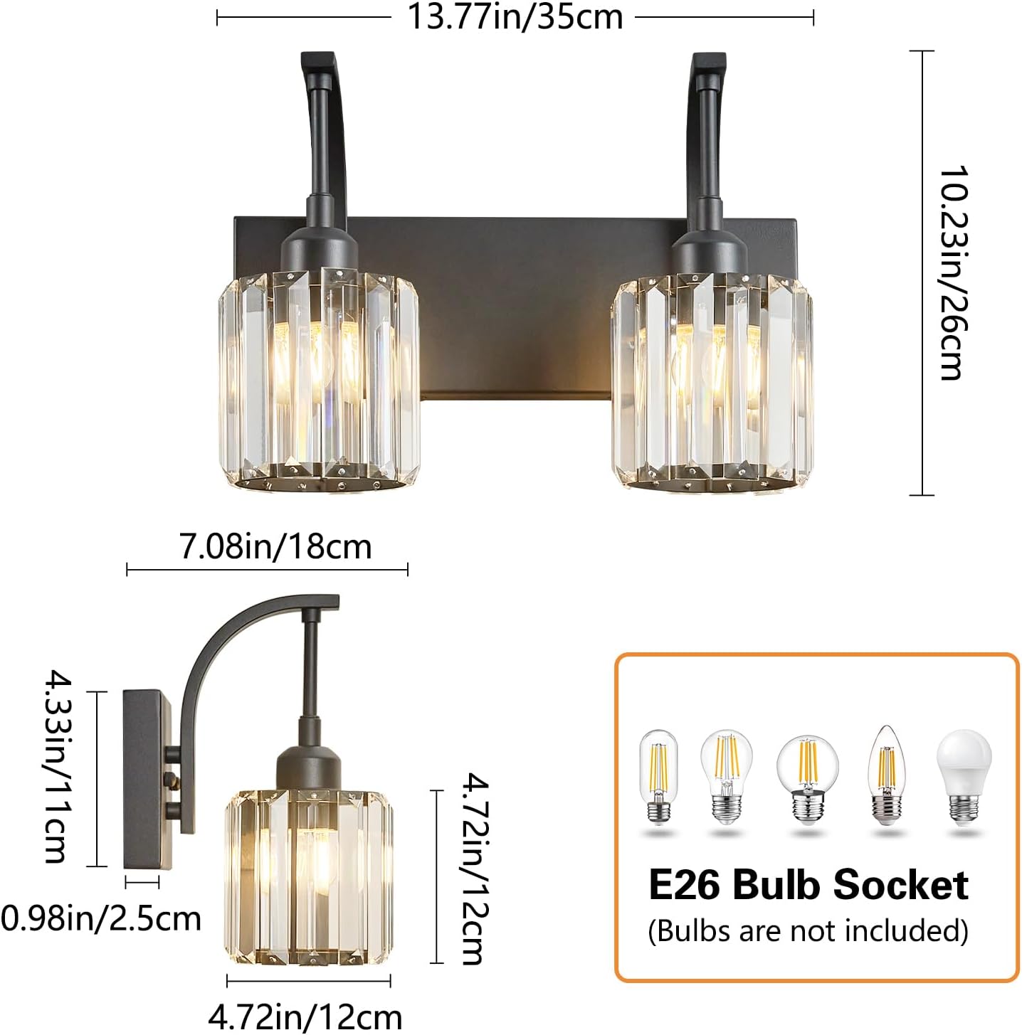 Bathroom Crystal Vanity Lights 2-Light Black Wall Lamp Modern Crystal Bathroom Light Fixtures Over Mirror 13.77" Long Wall Sconce